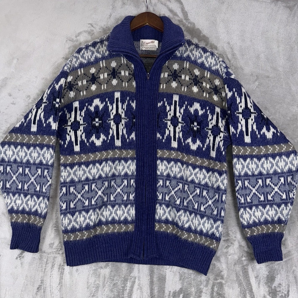 Clipper Mist Full Zip Sweater Mens Large Blue & White VTG Made In USA